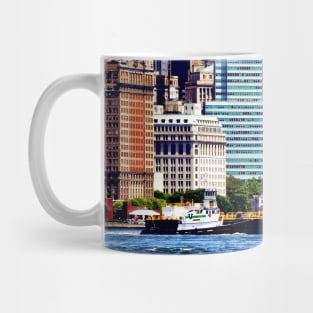 Manhattan NY - Tugboat Pushing Barge Near Manhattan Skyline Mug